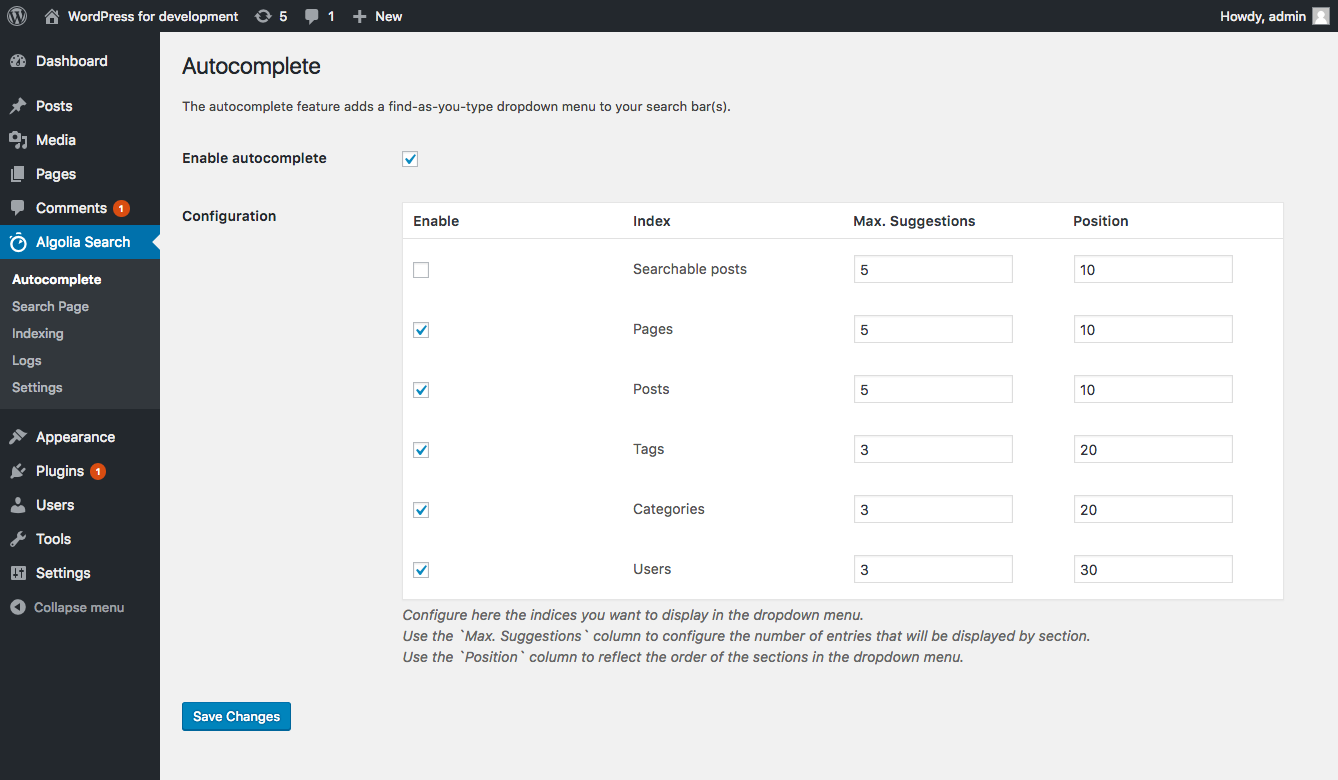 Autocomplete dropdown configuration.