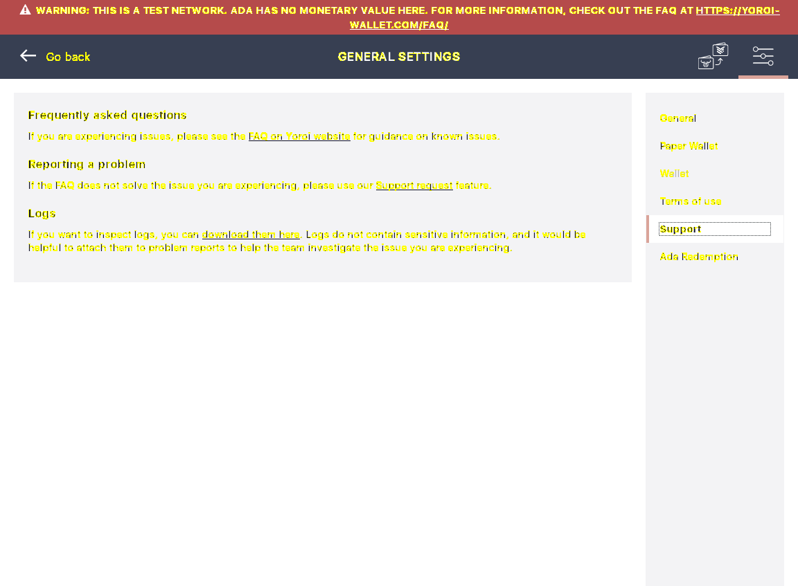 Yoroi Settings Screen Support IT4/4_169-I should see support screen.png