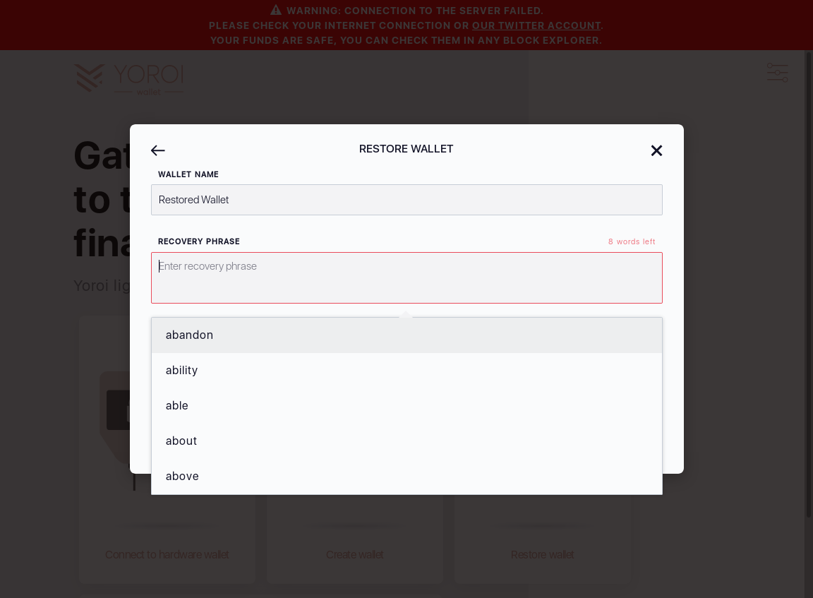 Mnemonic words can be cleared by pressing x sign for each word on wallet restoration screen IT13/6_28-I delete recovery phrase by clicking x signs.png