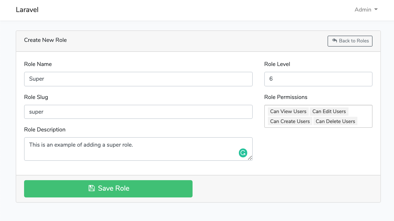 Laravel Roles GUI Create New Role