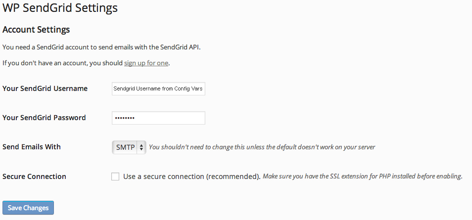 WP_Sendgrid setup screen