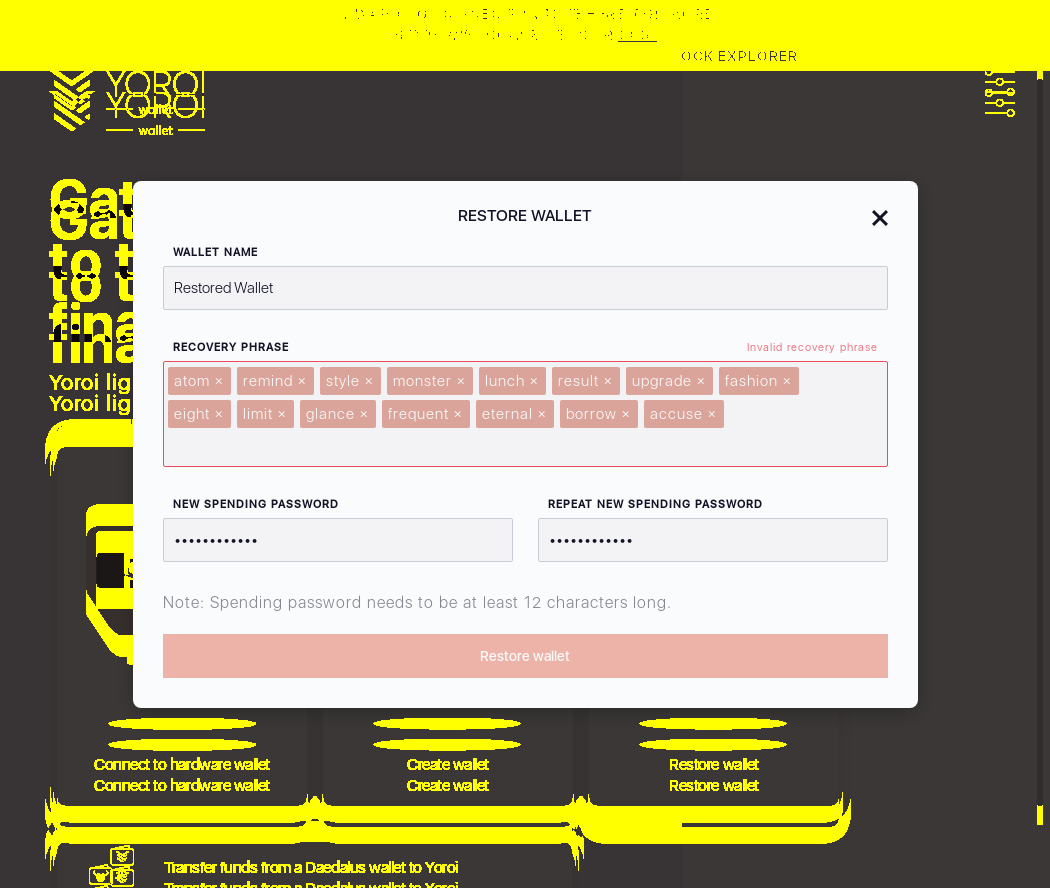 Wallet restoration Recovery Phrase test IT70/9_132-I should see an Invalid recovery phrase error message.png