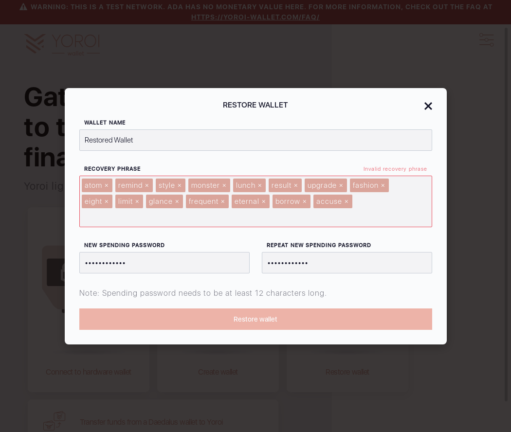 Wallet restoration Recovery Phrase test IT70/7_132-I click the Restore Wallet button.png