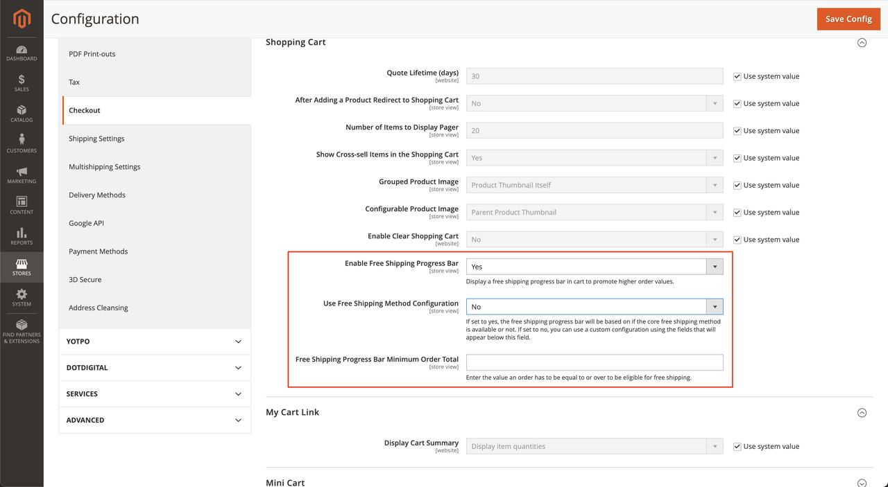 Free Shipping Progress Bar Settings