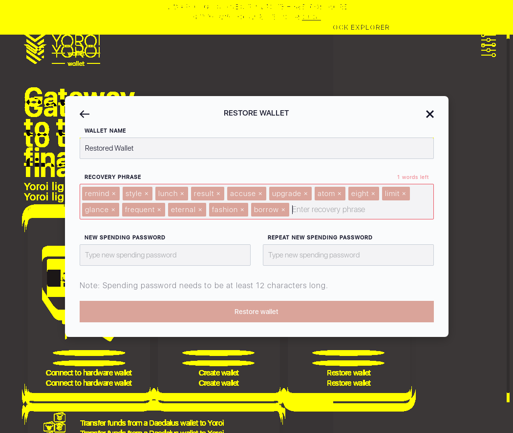 Wallet restoration Recovery Phrase with less than 15 words IT73/6_178-I should see an X words left error message.png