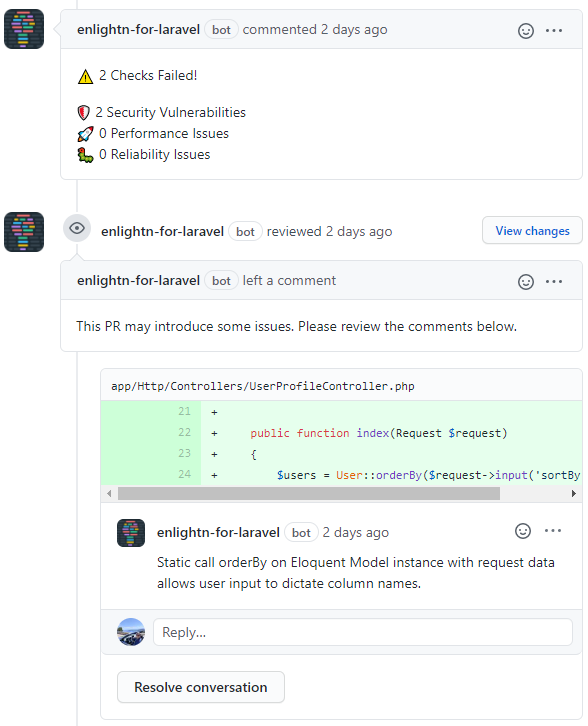 Enlightn GitHub Bot Review Comments