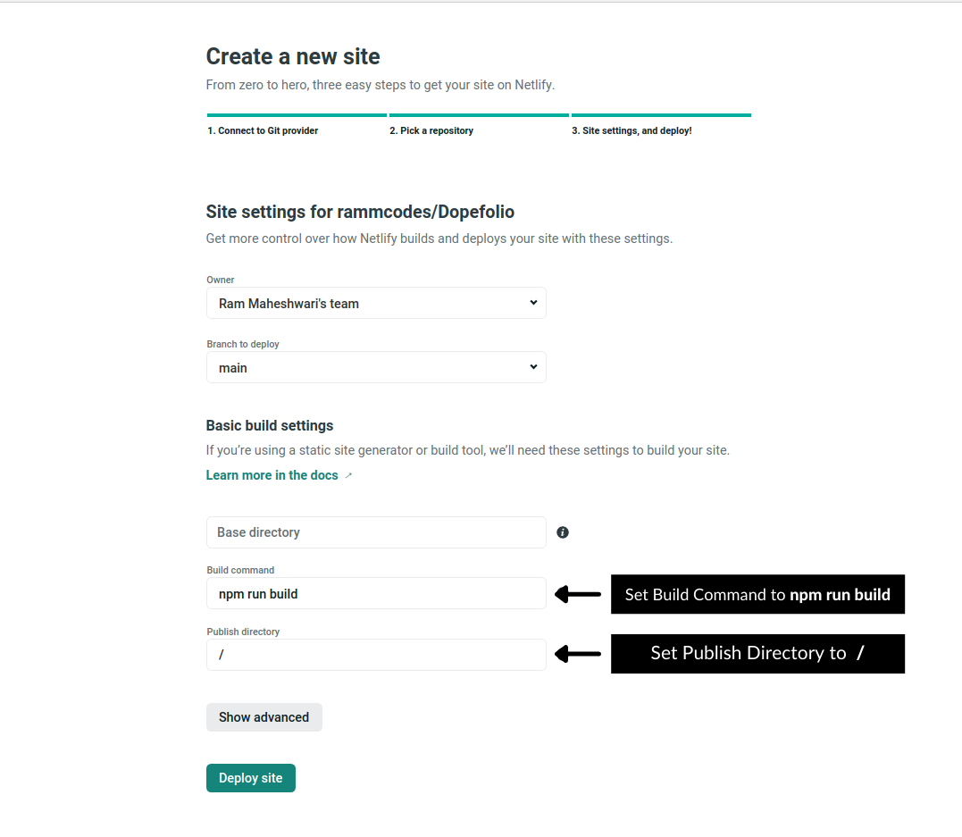 Dopefolio Build Command Example and Publish Directory Value