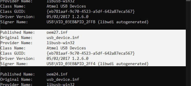 pnputil output with matching driver highlighted