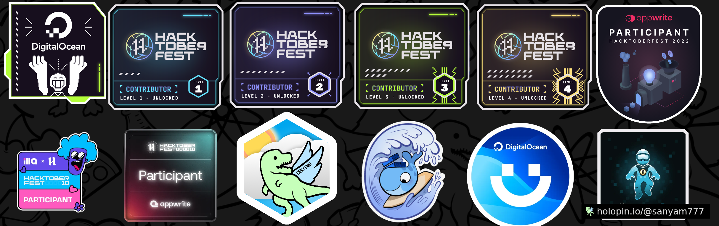 An image of @sanyam777's Holopin badges, which is a link to view their full Holopin profile