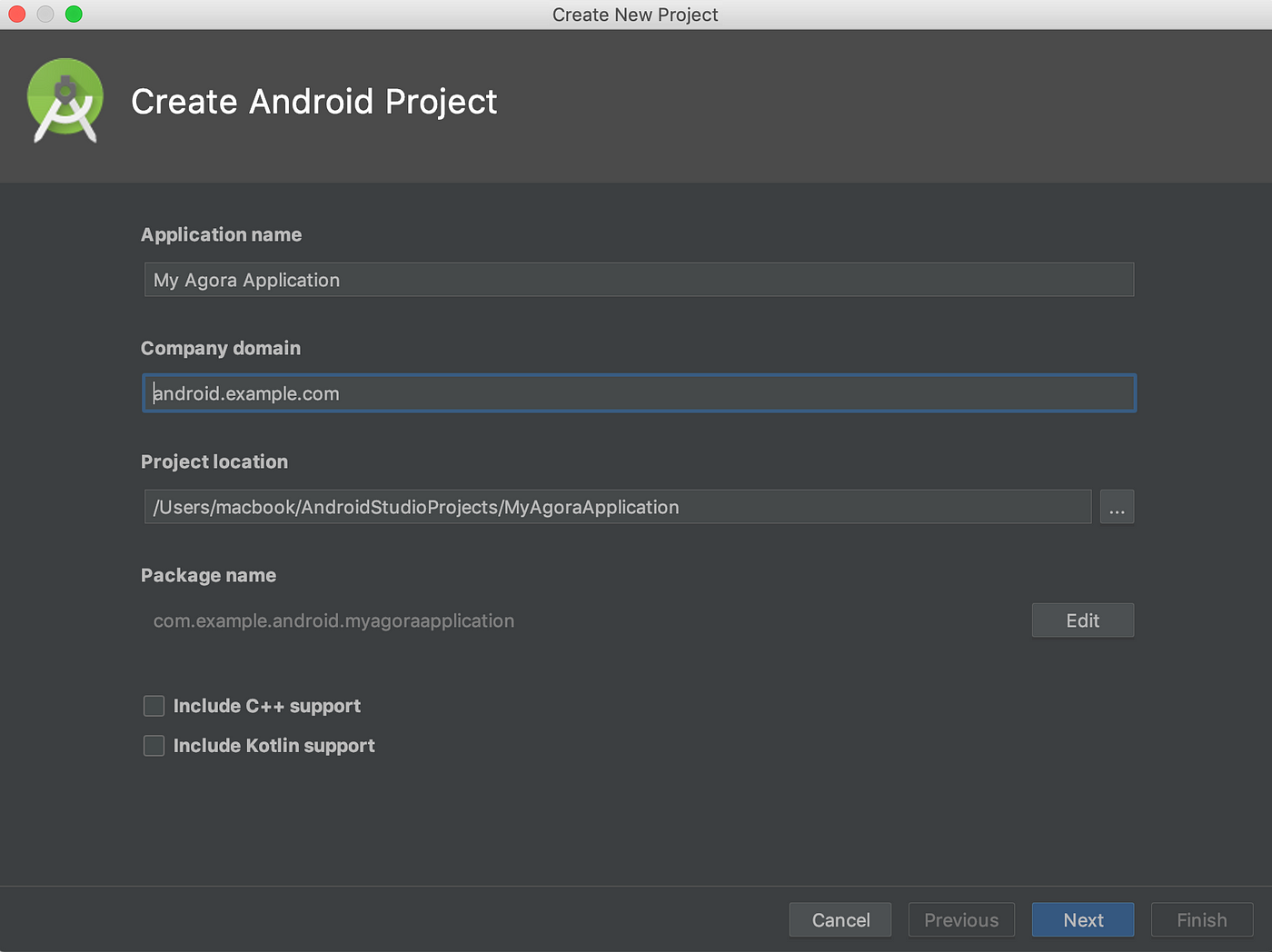 Android Studio: Create Project Screen