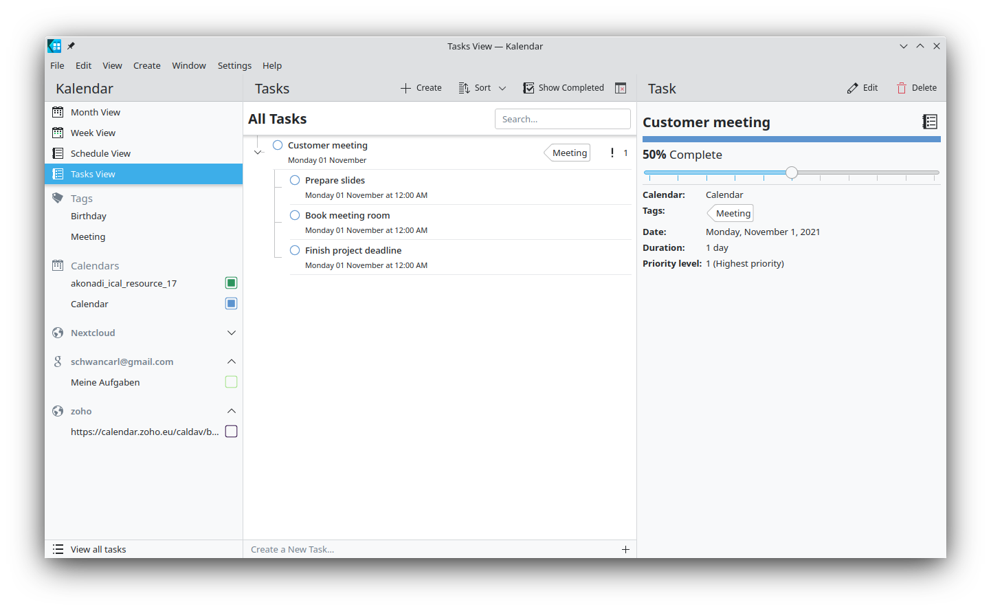 Screenshot of Kalendar's task view