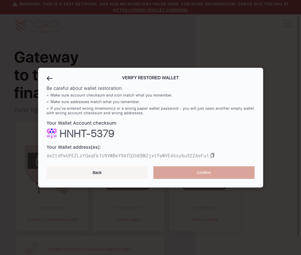 chrome/Fail to completely restore a wallet with addresses generated not following gap from BIP44 protocol/7_83-I click the Restore Wallet button.png