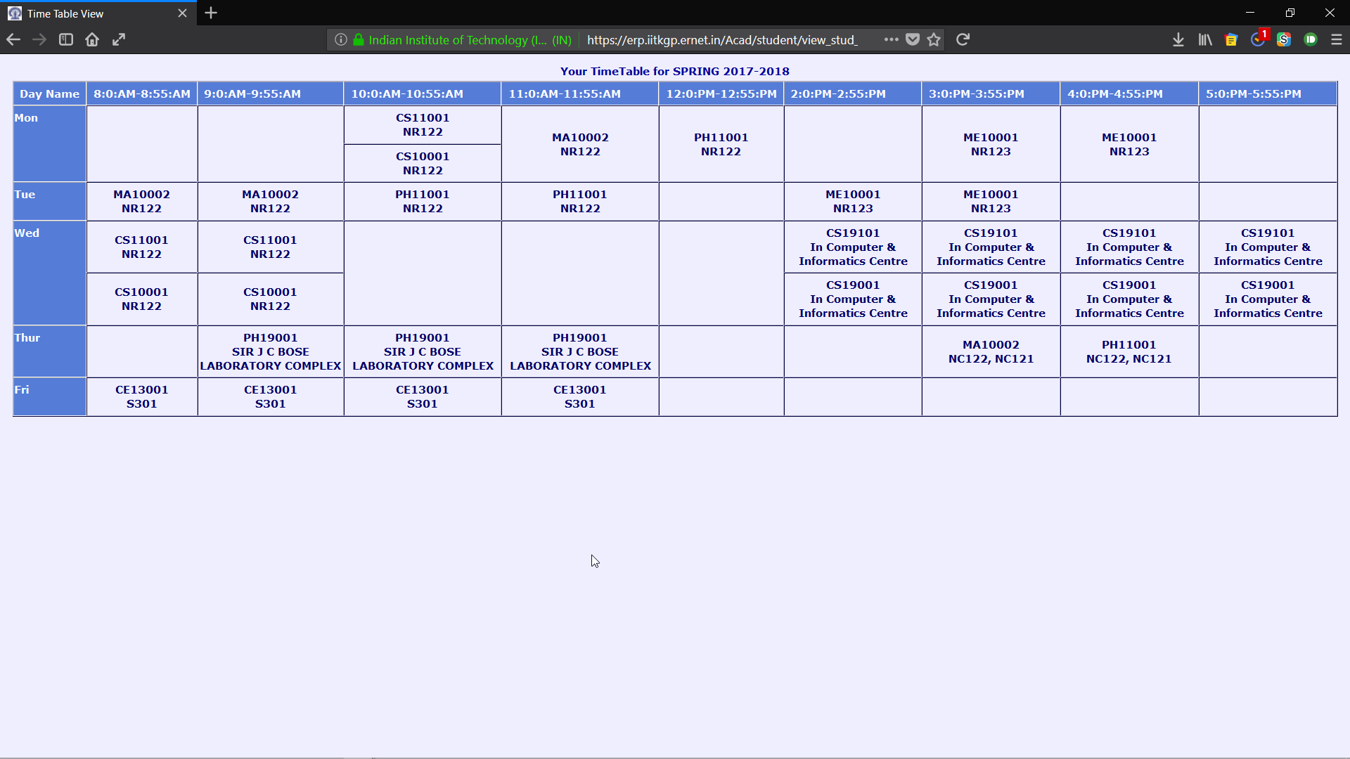 Timetable Page