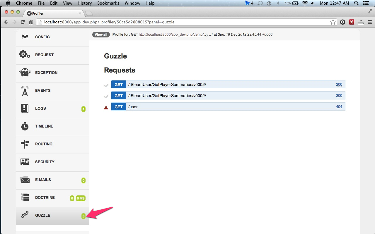 Guzzle Symfony web profiler panel