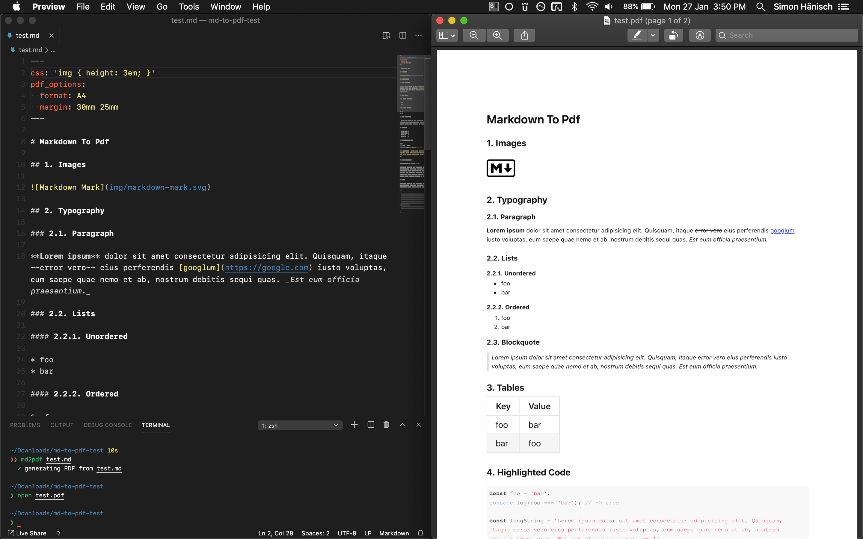 Screenshot of markdown file and resulting PDF