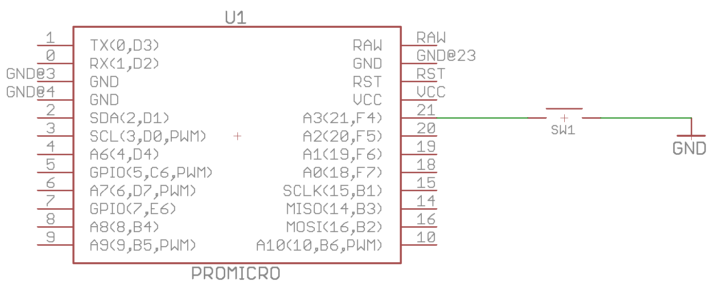 Schematic diagram showing a ProMicro with a wire coming out of A3, connecting to the left side of a switch. Another wire comes out of the right side of the switch to connect to the Ground Plane.