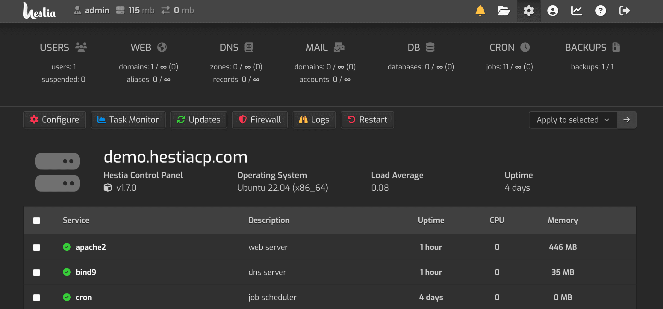 HestiaCP Web Interface screenshot