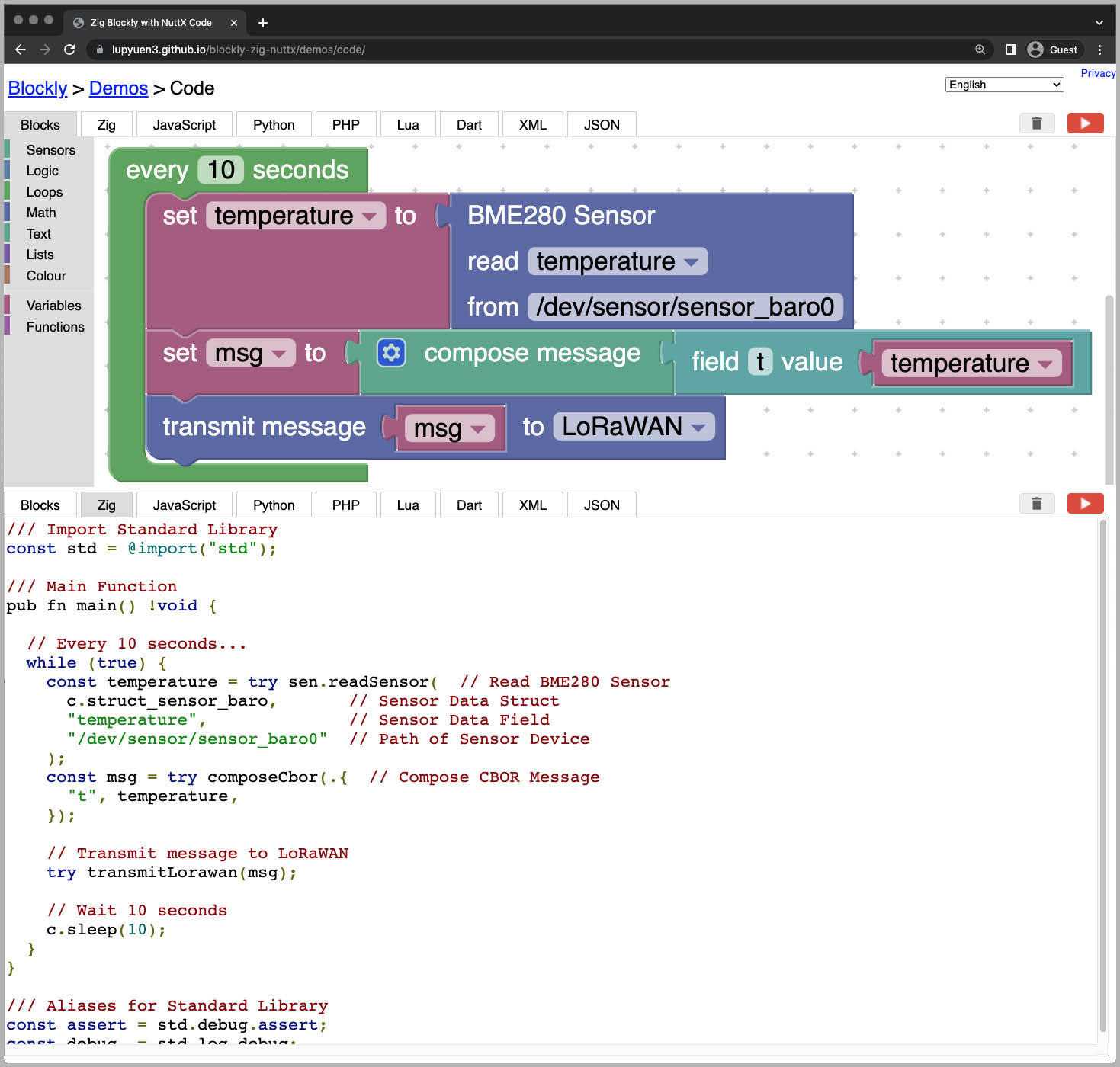 Visual Programming with Zig and NuttX Sensors on Blockly