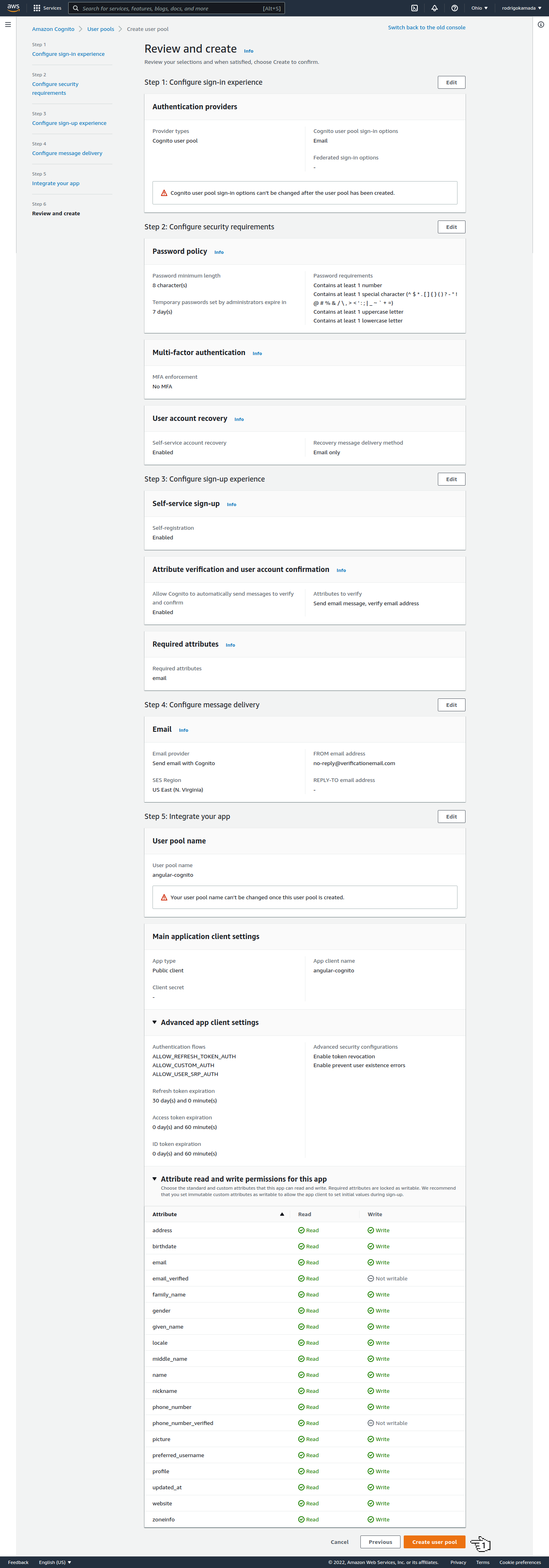 Amazon Cognito - Review and create