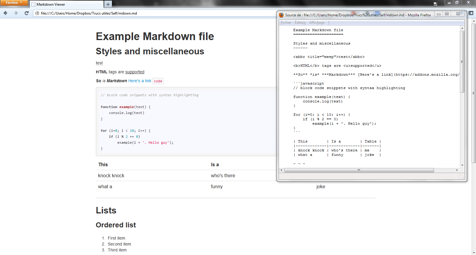 Markdown Viewer rendering with an example file