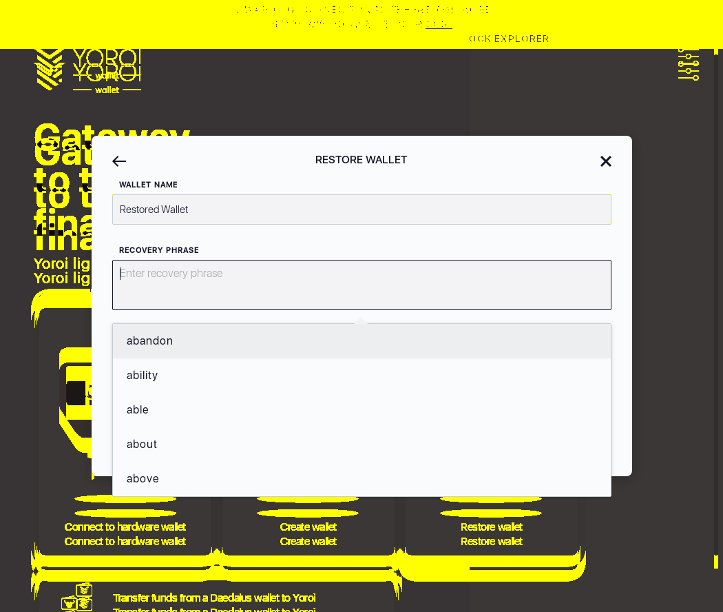 Mnemonic words can be cleared by pressing x sign for each word on wallet restoration screen IT13/6_28-I delete recovery phrase by clicking x signs.png