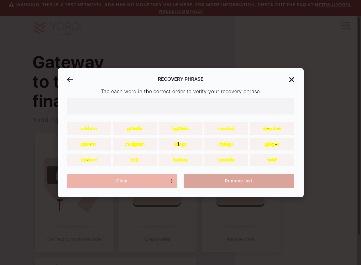 Mnemonic words can be cleared by clicking Clear button on wallet creation screen IT18/10_35-I see All selected words are cleared.png