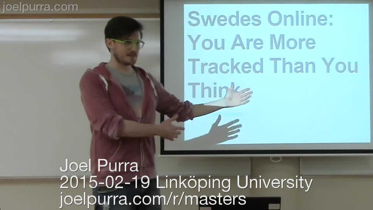 Photo of Joel Purra presenting his master's thesis, named Swedes Online: You Are More Tracked Than You Think