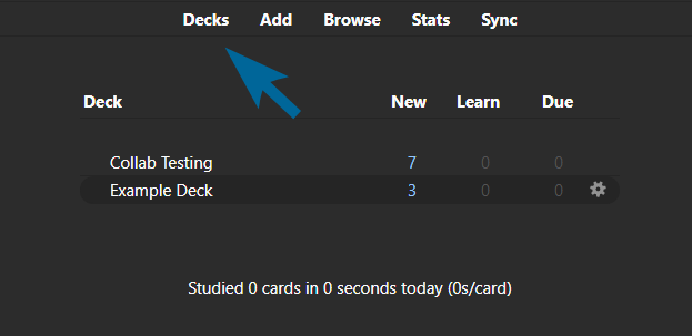 An arrow pointing to the "deck" button on the main page of Anki.