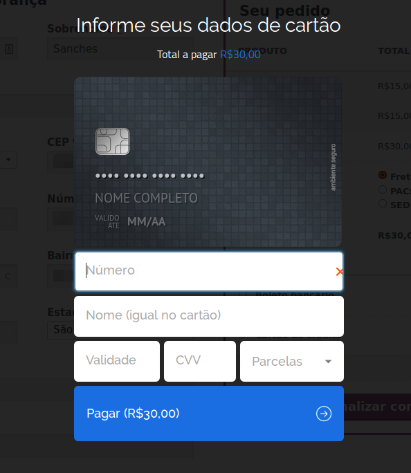 Exemplo do Checkout Pagar.me para cartão de crédito.