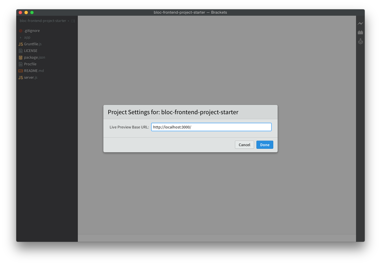 Screenshot of project settings URL in Brackets