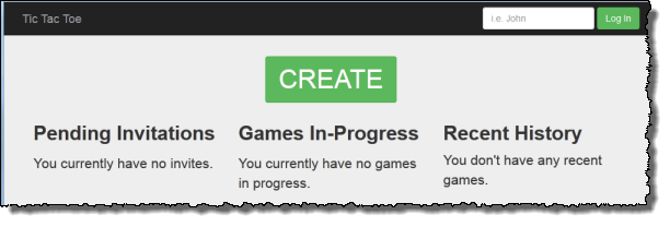 [Screenshot of the application home page with a create button and links to games, invitations, and recent history.]