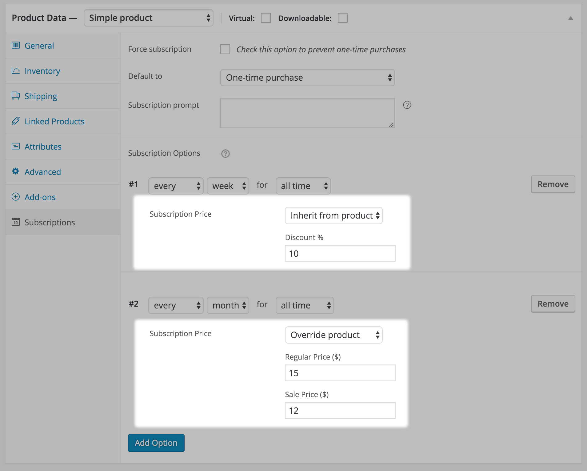 Example Custom Prices for Subscription Options on a Simple Product