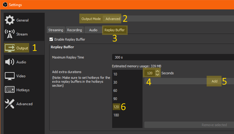 OBS settings Advanced Mode and Replay Buffer lengths list