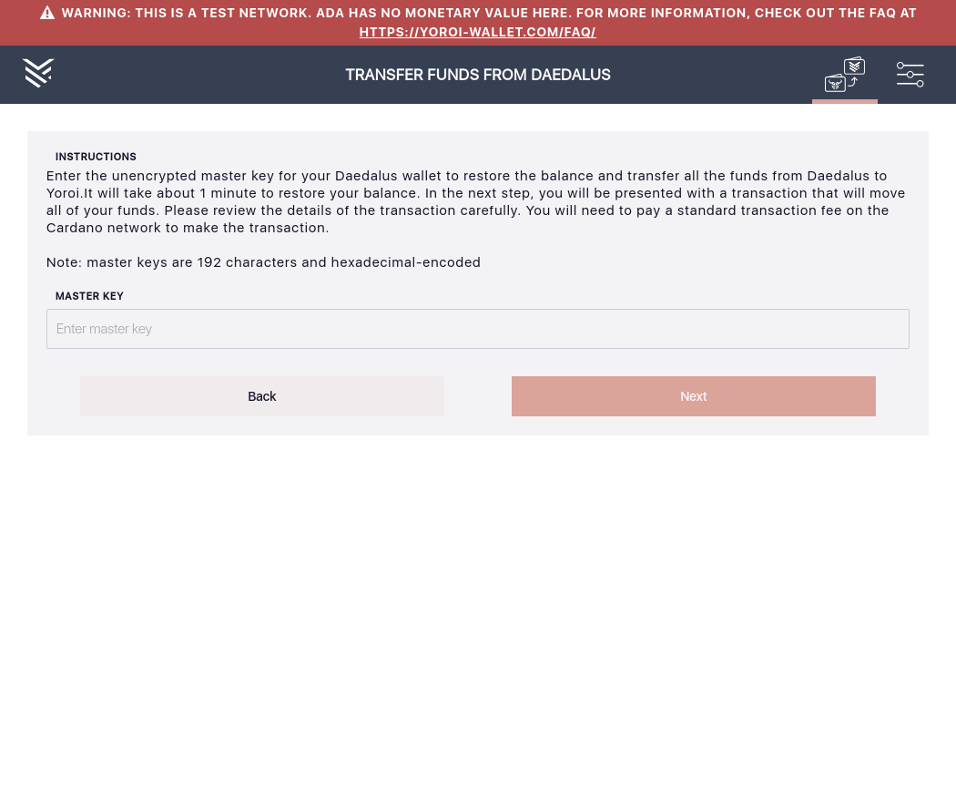 chrome/User can transfer Daedalus funds to Yoroi using master key IT19/5_87-I click on the transfer funds from Daedalus master key button.png