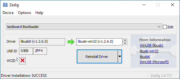 Zadig with a bootloader driver correctly installed