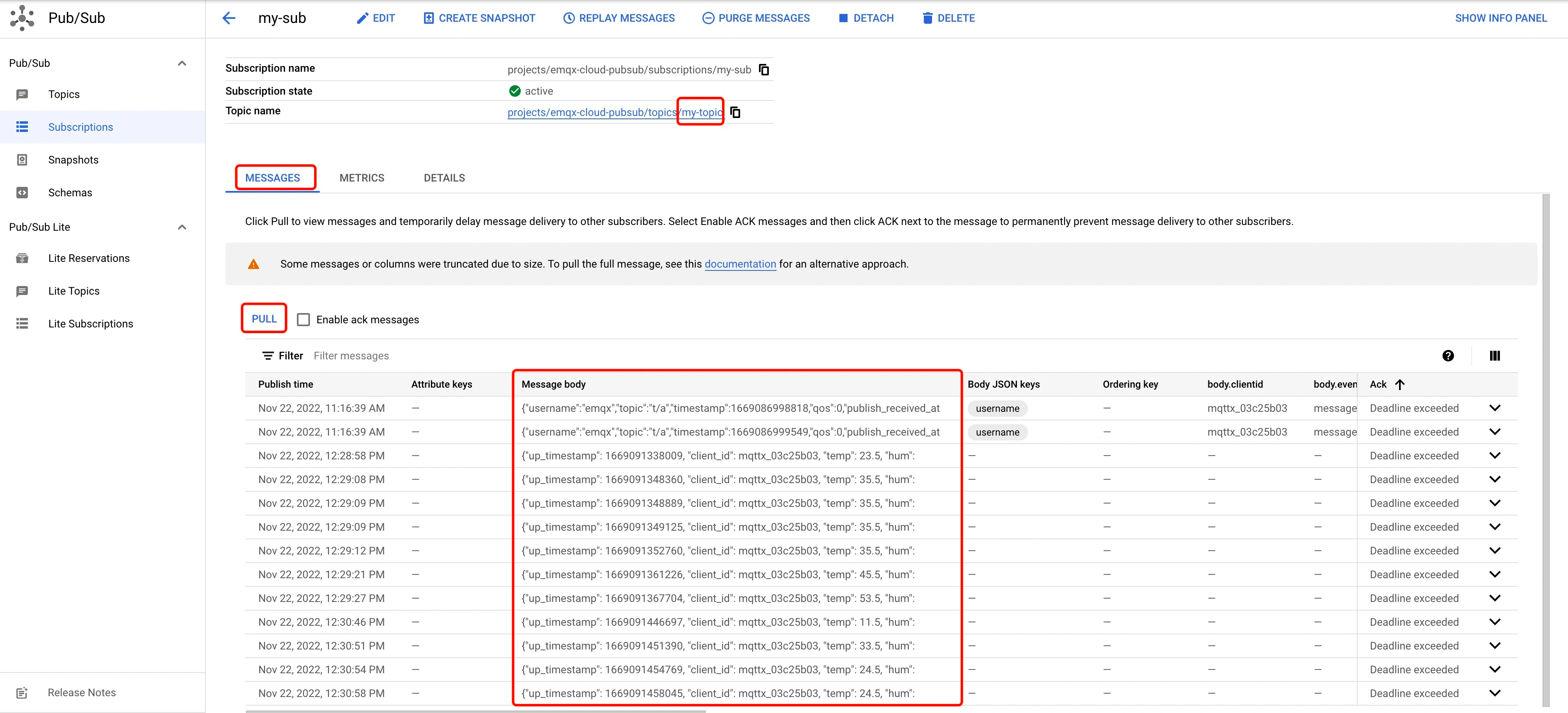 View results in GCP Pub/Sub console