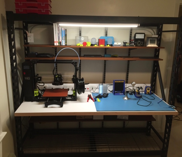 Completed bench with 3D printer and electronics tooling