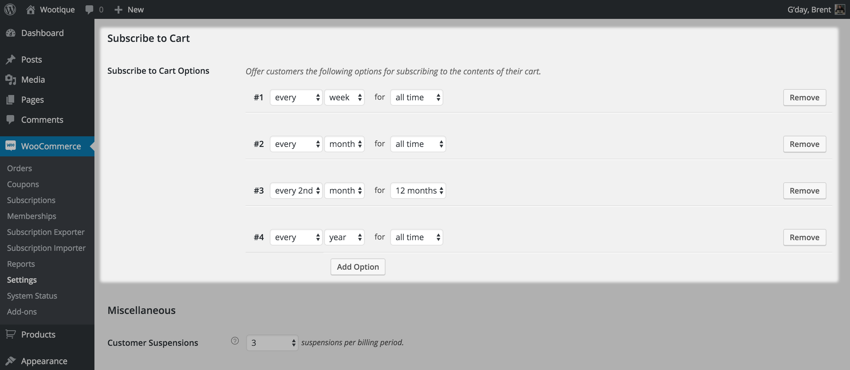 Administration Screen for Subscribe to Cart Settings