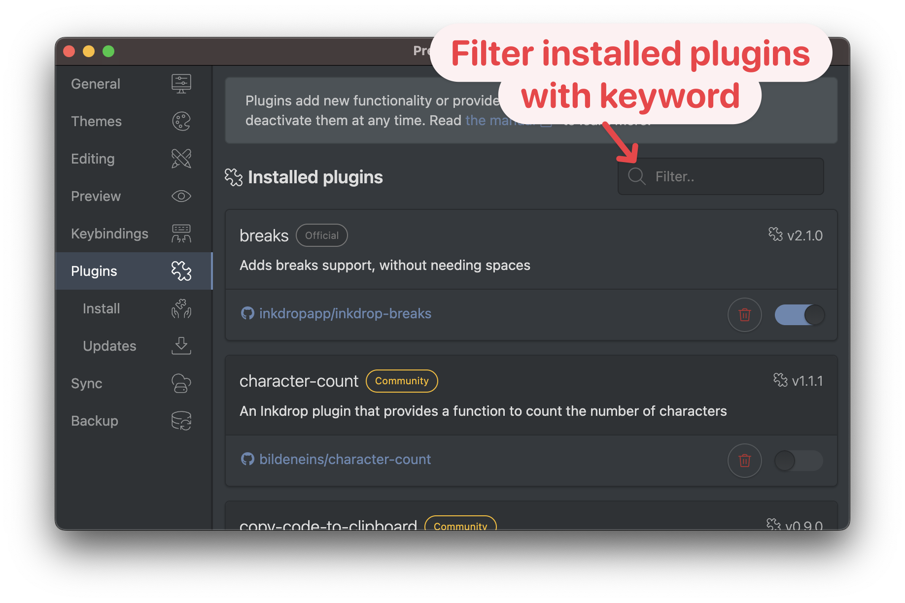 Filter installed plugins with keyword