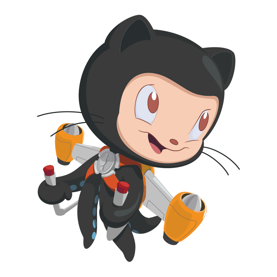 Mona the Octocat wearing a jetpack and smiling.