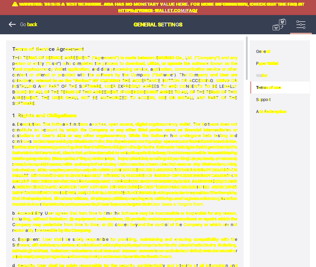 Yoroi Settings Screen Terms of Use in Default EnglishIT3/4_157-I should see the Terms of use screen.png