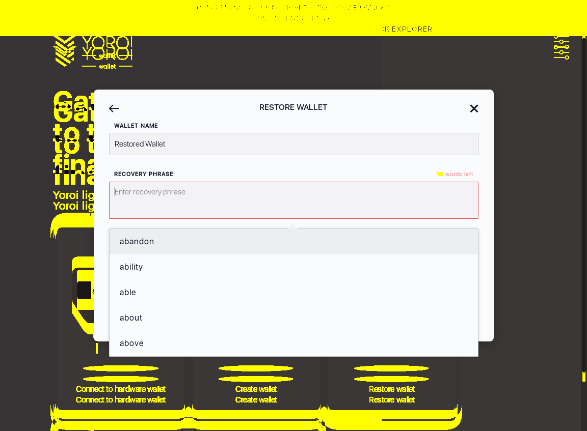 Mnemonic words can be cleared by pressing x sign for each word on wallet restoration screen IT13/6_28-I delete recovery phrase by clicking x signs.png