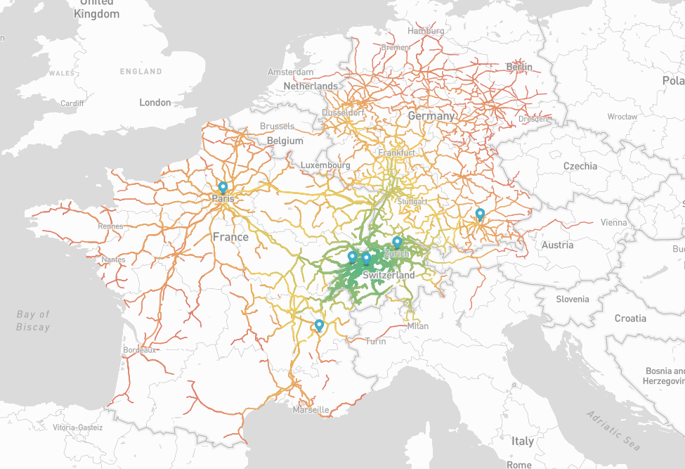 Isochrones of public transport from Bern