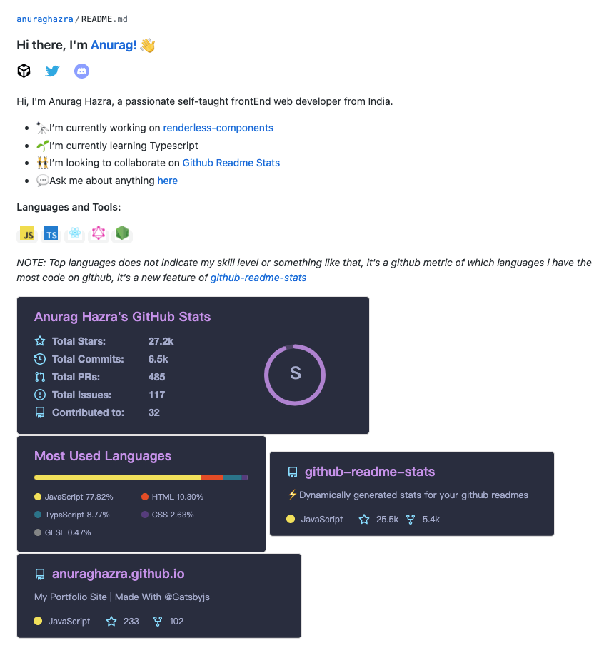 通过github-readme-stats动态生成GitHub统计信息 