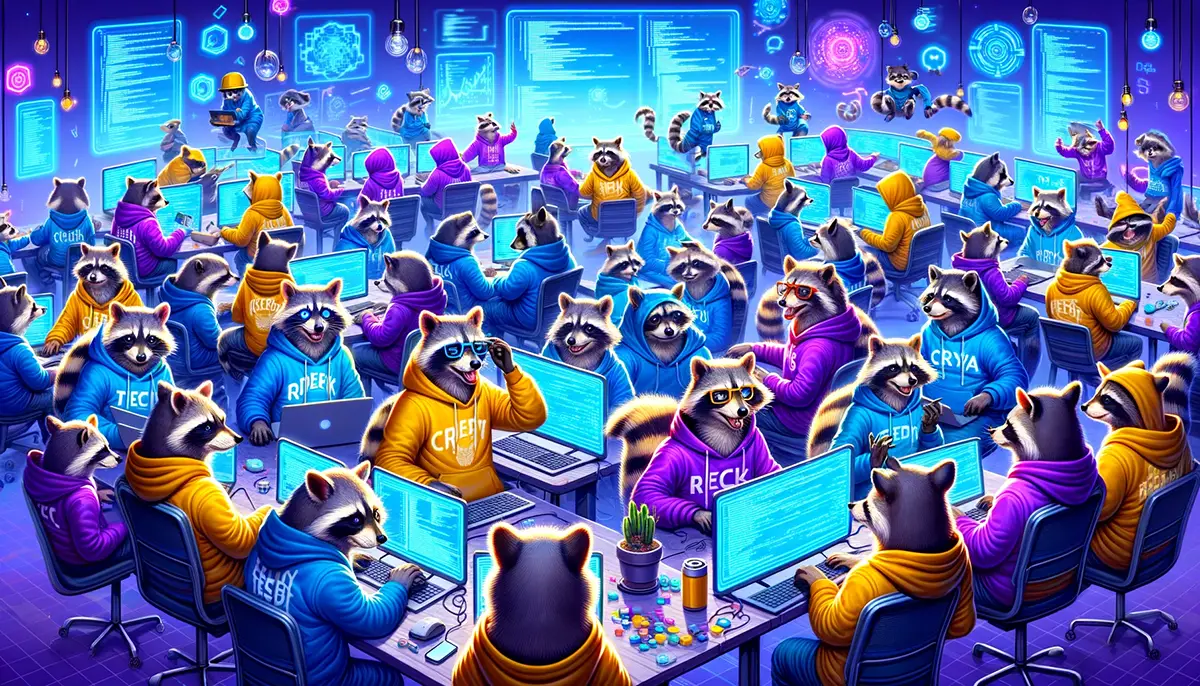 This banner showcases the raccoons in their nerdy hoodies, deeply engaged in various tech activities in a vibrant, energetic tech environment.