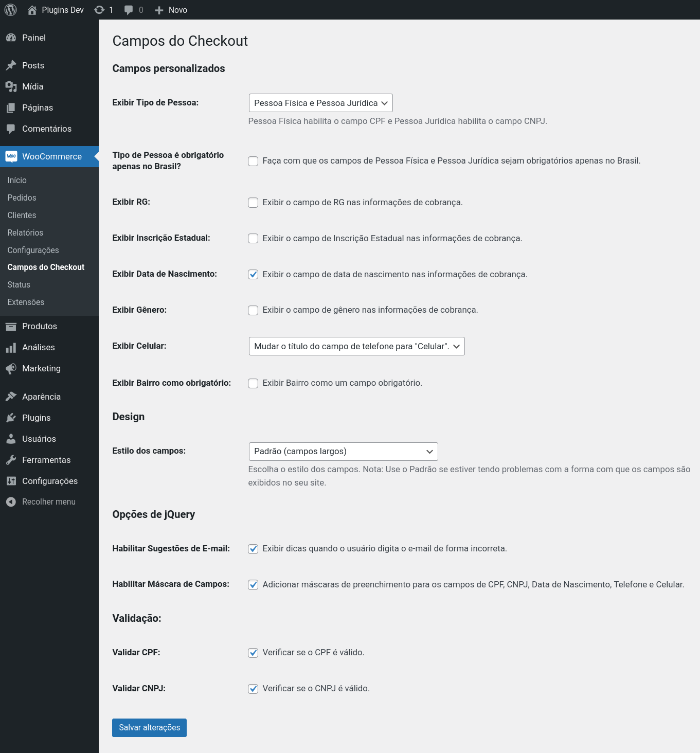 Configurações do plugin