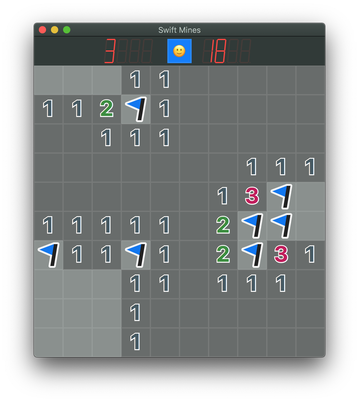 A screenshot of the game mid-play. Many squares are revealed and some flags are placed, but the game is not yet done.