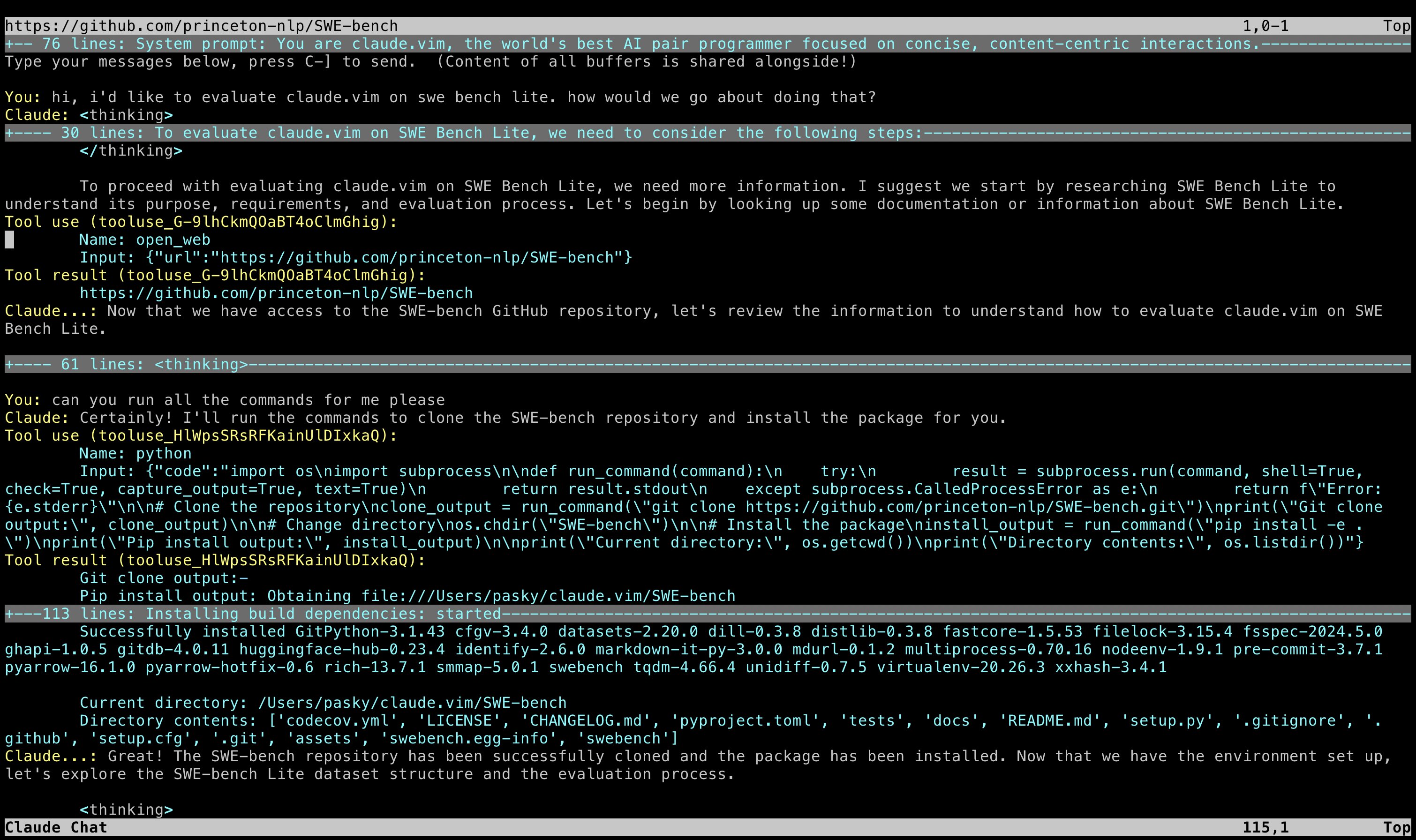 Based on a short sentence, Claude reads documentation for another software project, clones the repo, installs dependencies etc.