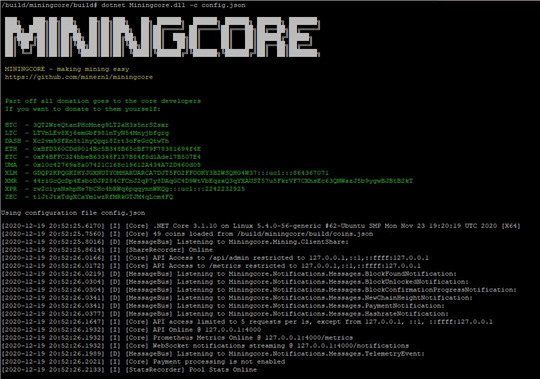 Miningcore running ubuntu