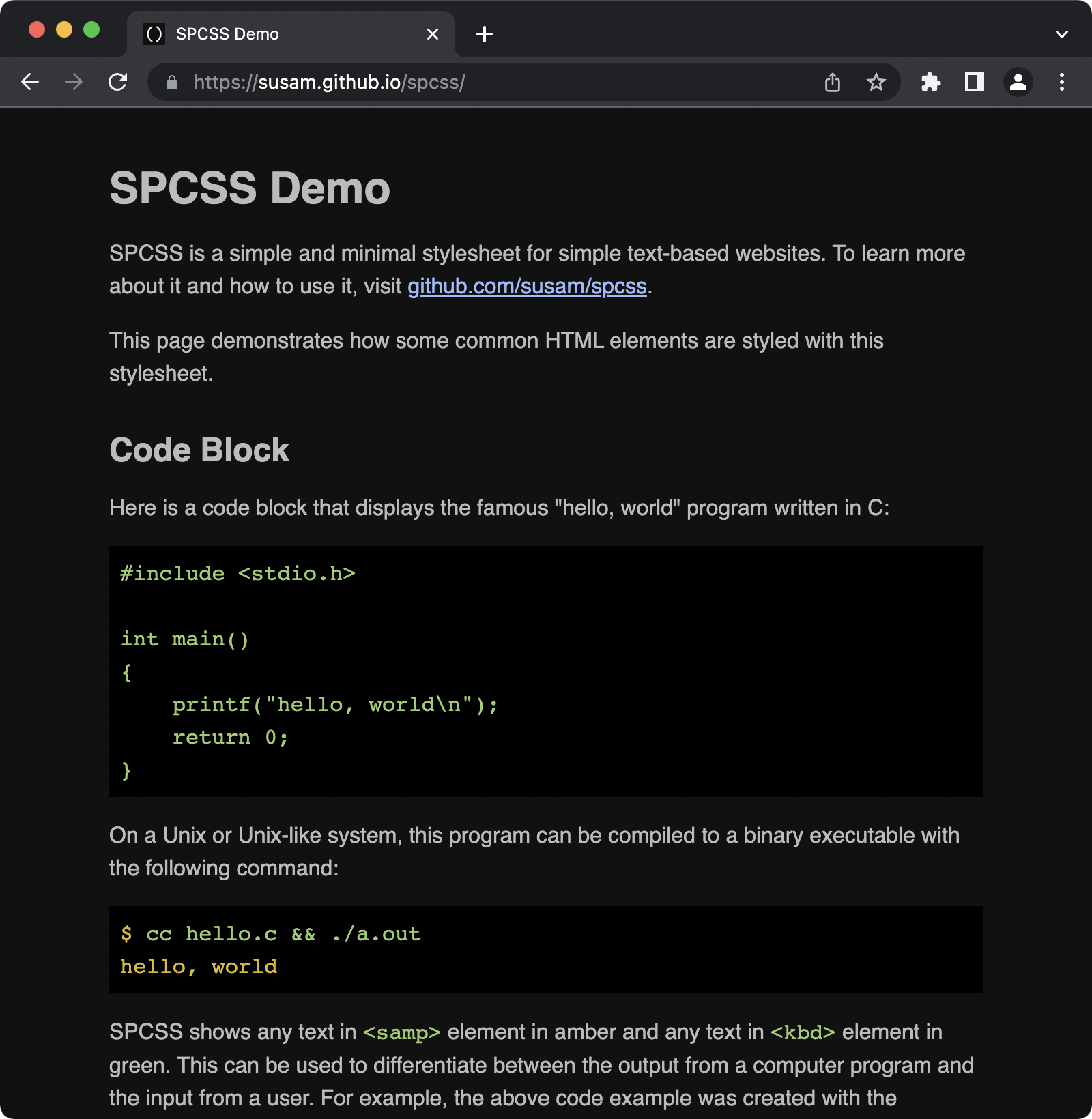 Demo of SPCSS dark theme